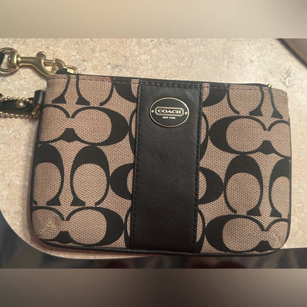 Coach Signature Canvas Wristlet in Brown and Black with Gold Accent